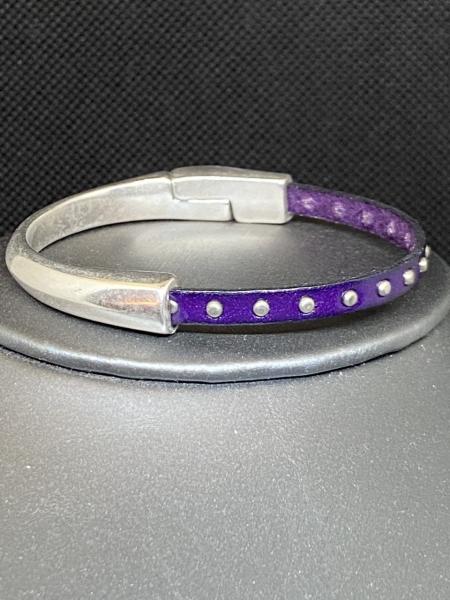 Silver and Studded Dark Purple Leather Bracelet