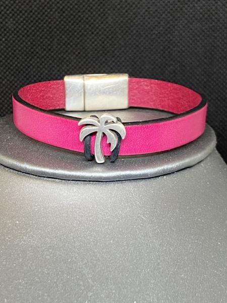 Single Pink Leather Bracelet with Silver Palm Tree picture