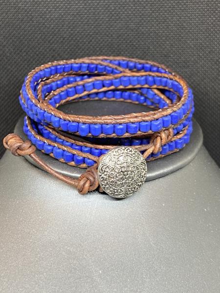 Blue Wrap Bracelet on Brown Leather