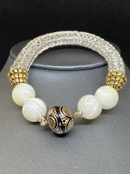 Silver Viking Knit Bracelet with Mother of Pearl Inlay