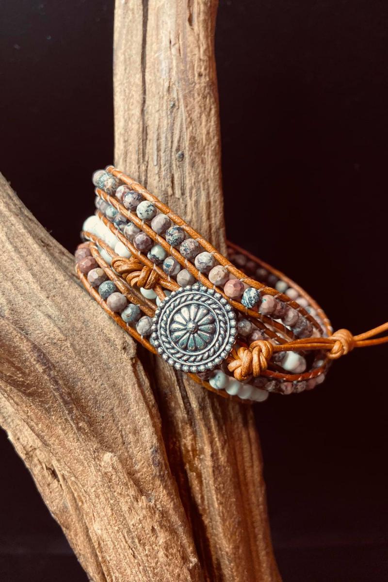 Brown and White Wrap Bracelet on Light Brown Leather picture