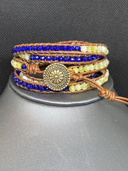 Yellow and Blue Wrap Bracelet on Brown Leather picture