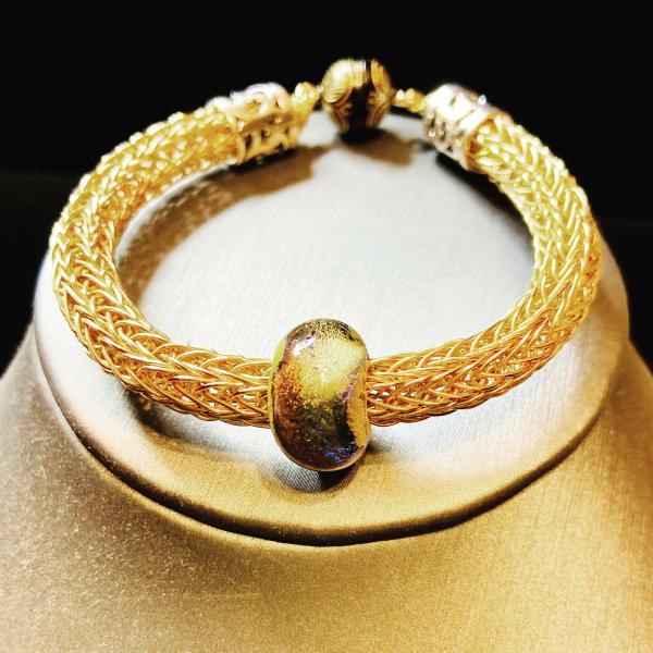 Gold Viking Knit Bracelet with Amber/Green Murano Glass