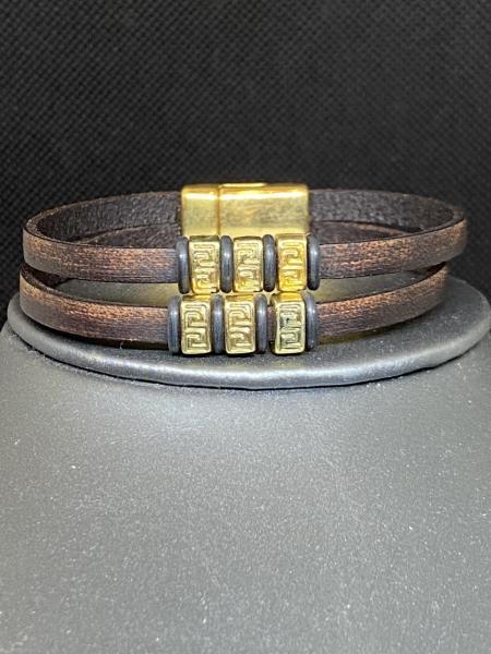 Double Brown Leather Bracelet with Gold Bending River picture