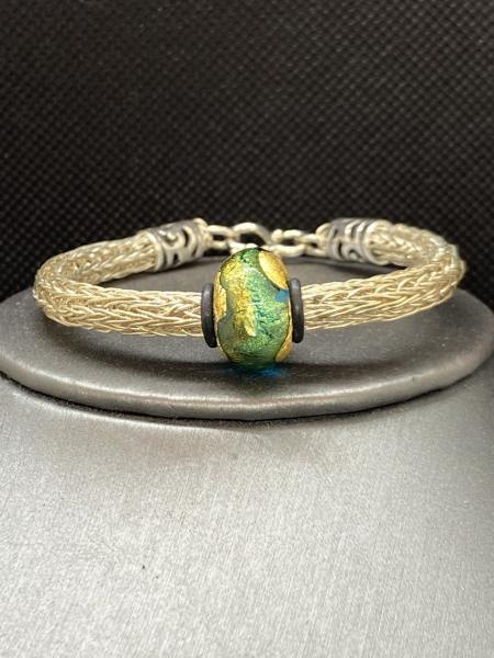 Silver Viking Knit Bracelet with Yellow and Green Murano