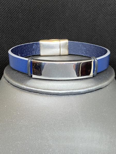 Single Dark Blue Leather Bracelet with Silver Bar