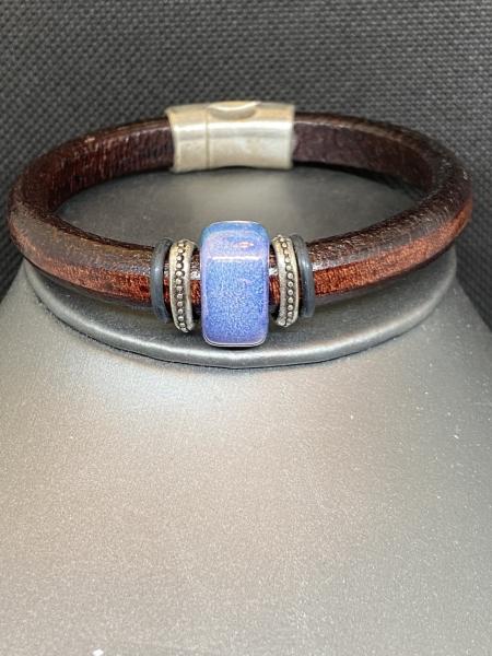 Just Mine Leather Bracelet with a Bright Blue and White Ceramic