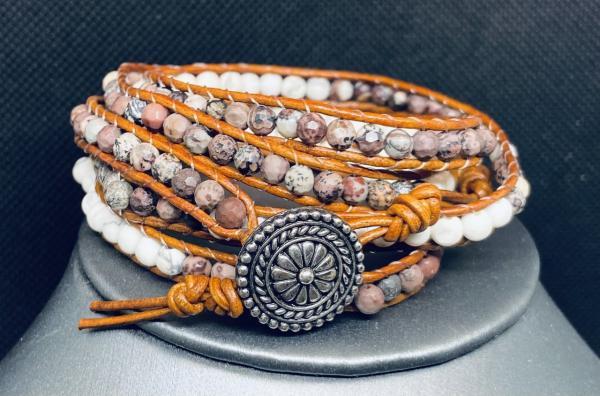 Brown and White Wrap Bracelet on Light Brown Leather picture