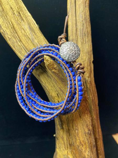 Blue Wrap Bracelet on Brown Leather picture