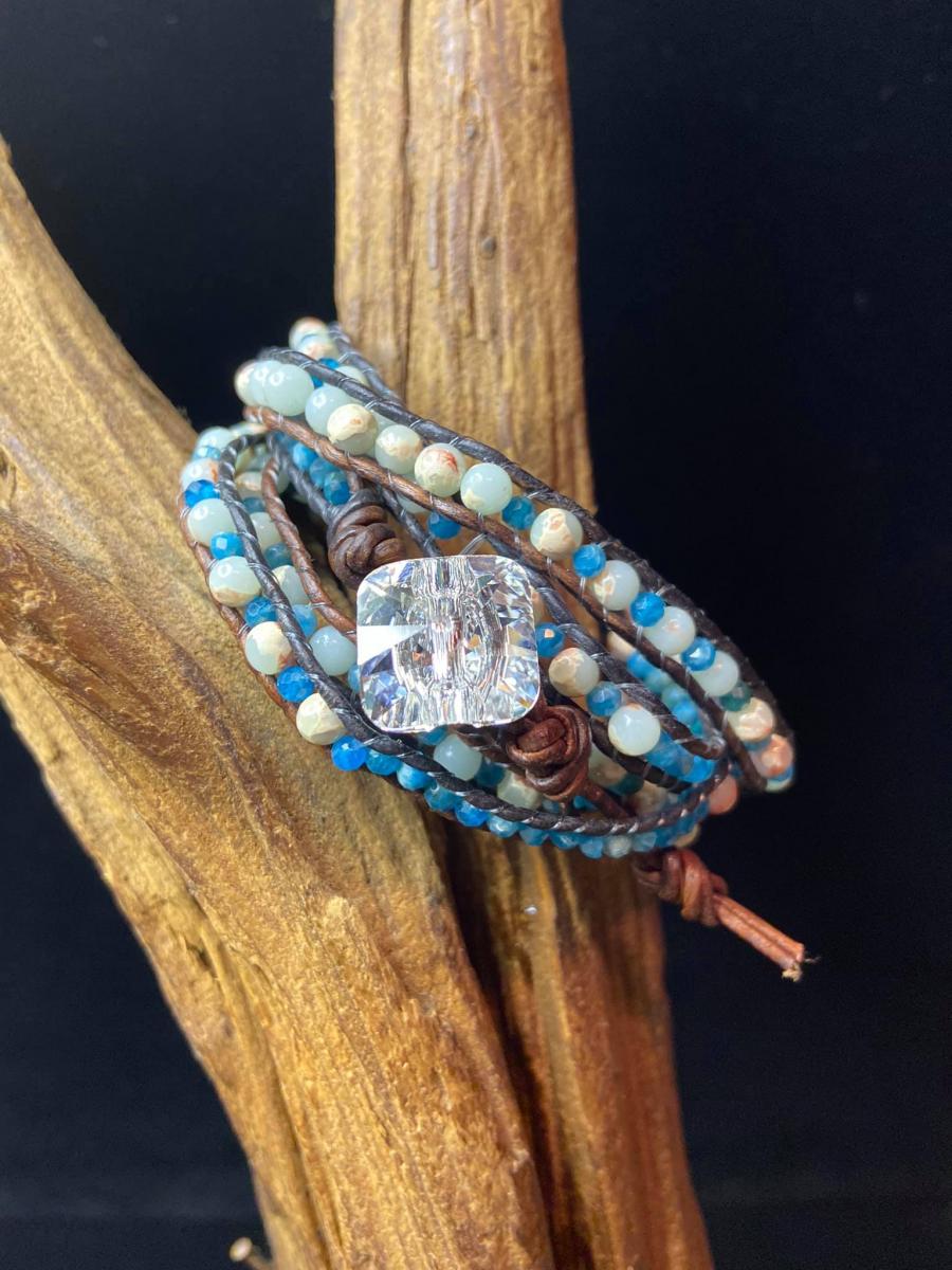 White, Blue, and Copper Wrap Bracelet on Dark Brown Leather picture