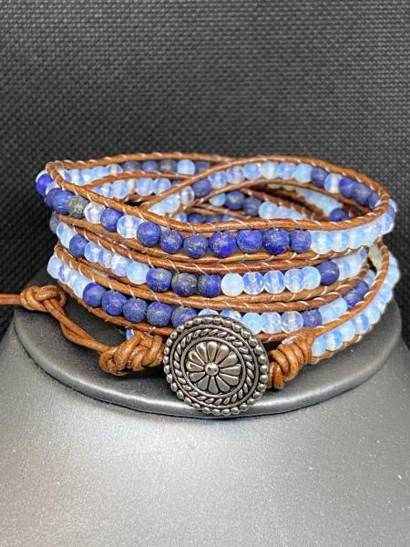 Blue and White Wrap Bracelet on Brown Leather