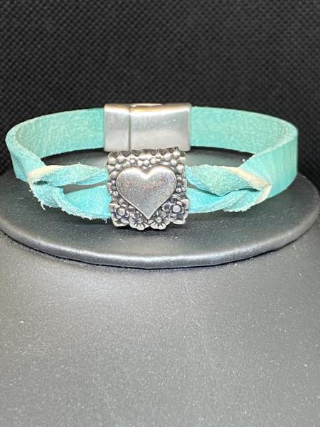 Single Turquoise Leather Bracelet with Silver Heart