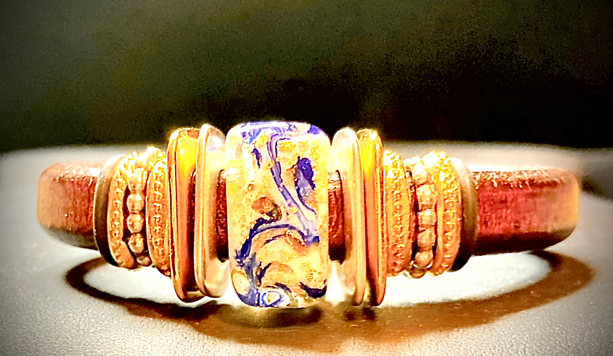 Just Mine Leather with Blue and Gold Murano Glass picture