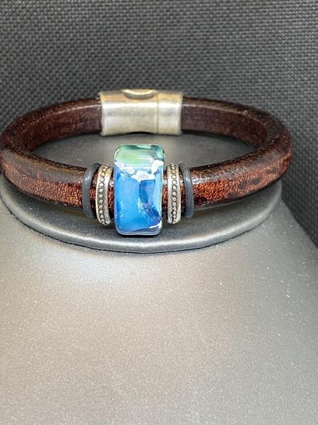 Just Mine Leather Bracelet with a Blue, White, and Green Ceramic
