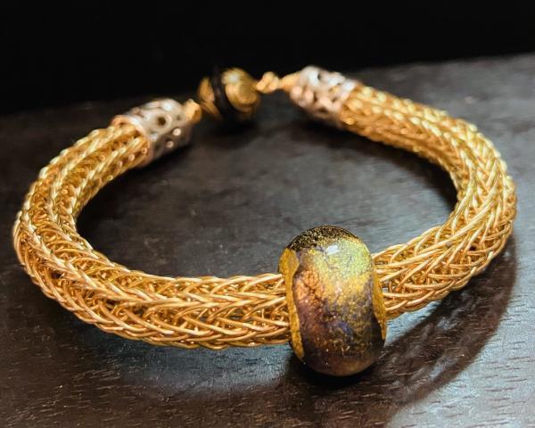Gold Viking Knit Bracelet with Amber/Green Murano Glass picture