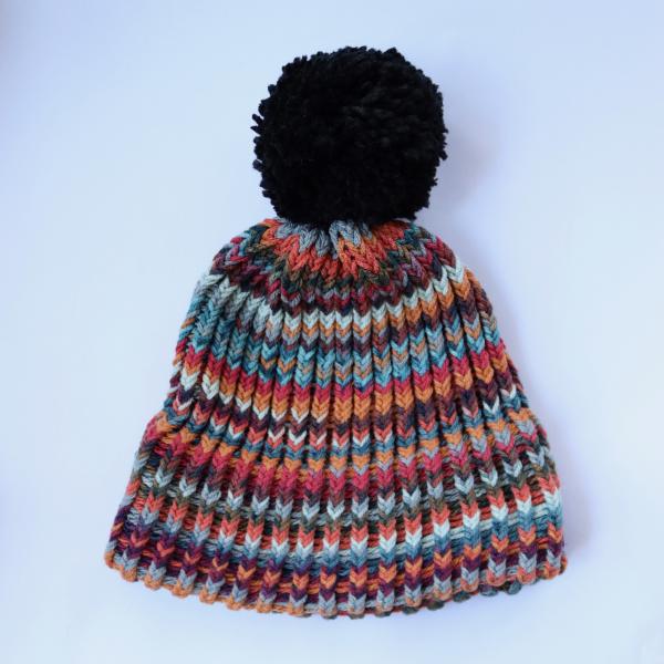 Knitted Multicolored Beanie with Pompom picture