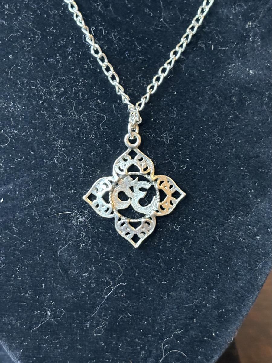Lotus Shaped &ldquo;OM&rdquo; Silver Tone Necklace picture