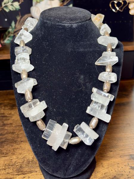 Chunky Clear Quartz & Bronze Metal Bead Necklace