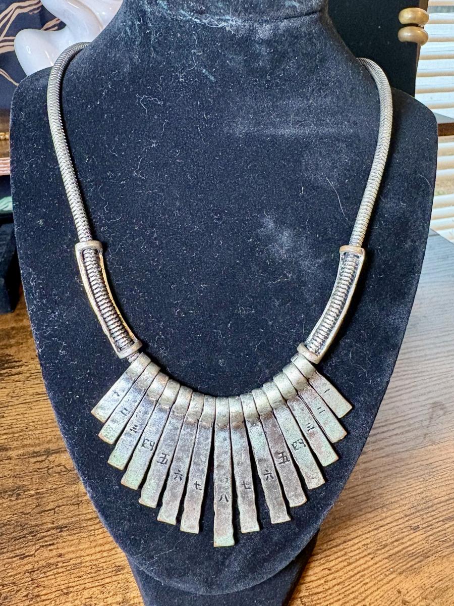 Tribe Imprinted Fan Sliver Tone Necklace picture