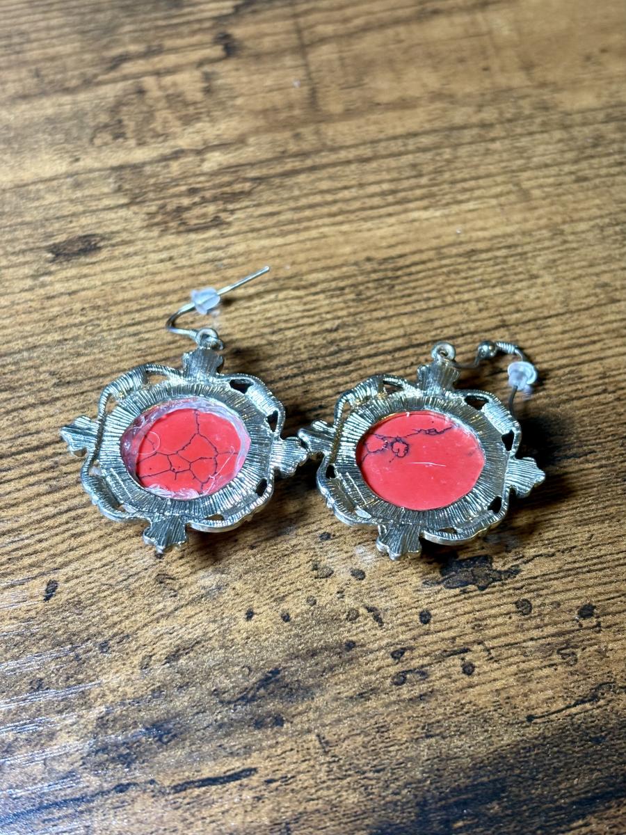 Red Turquoise Gold Tone Earrings picture