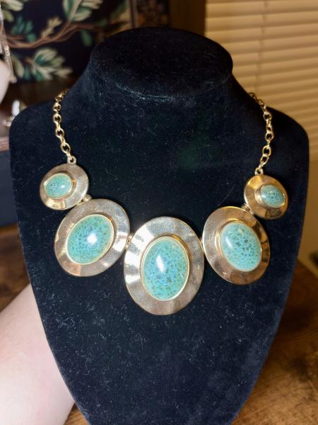 Chunky Gold Tone & Blue Statement Necklace