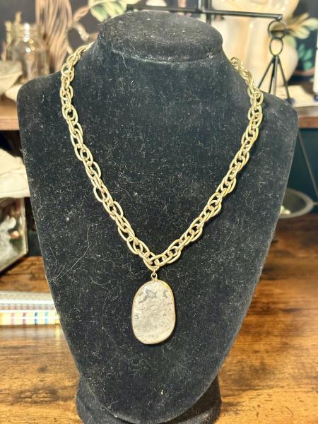 Grey Moss Agate Crystal Pendent on a Gold Tone Chain