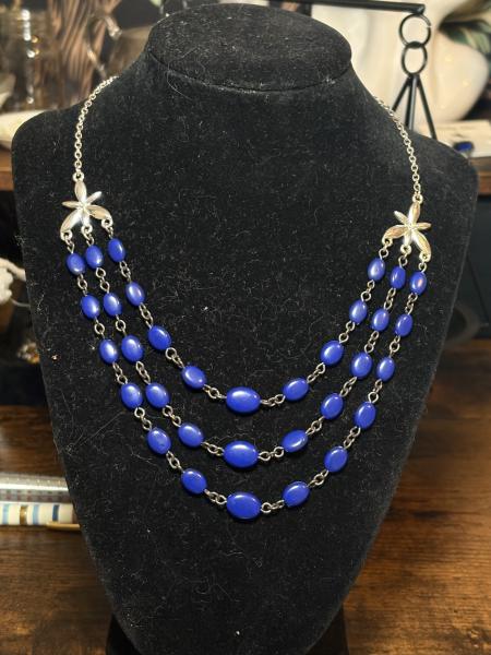 AVON Sliver Tone Muti Chain Navy Blue Necklace