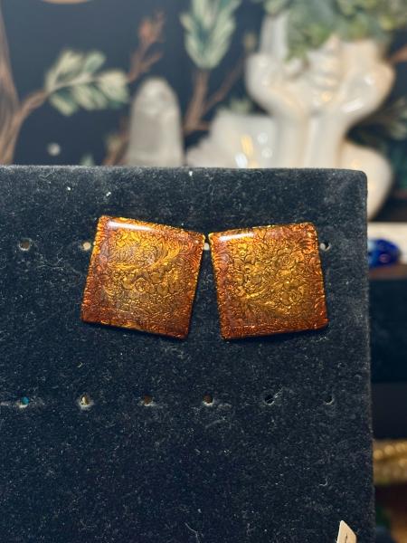 Orange Resin Floral Square Earrings