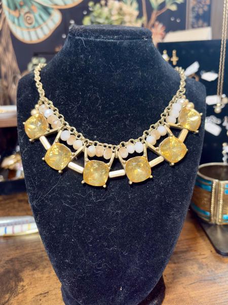 Orange & Gold Tone Faceted Gem Statement Necklace
