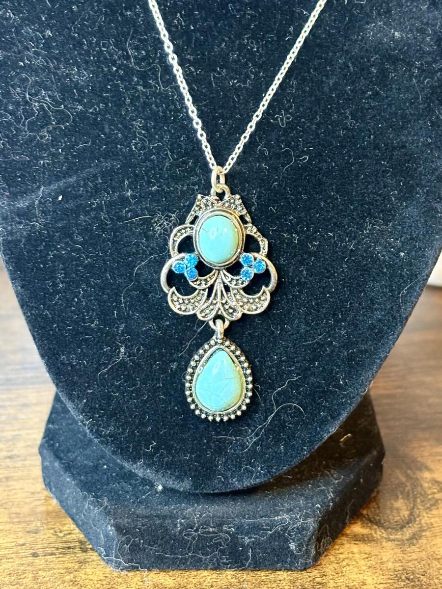 Blue & Silver Tone Boho Style Pendent Necklace picture