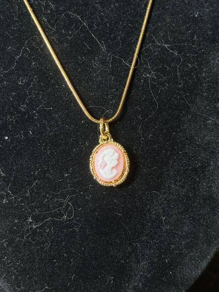 Mini Pink & Gold Tone Cameo Necklace