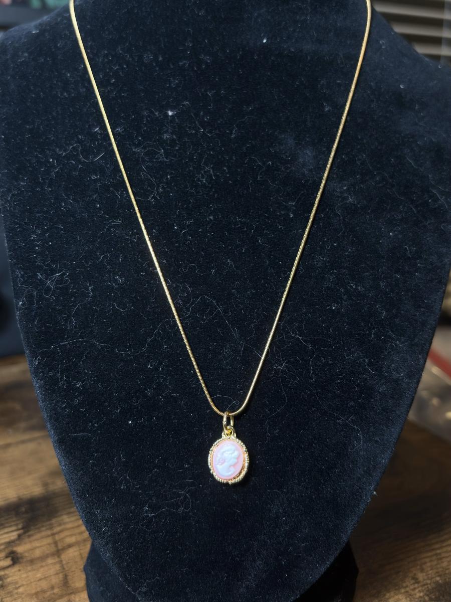 Mini Pink & Gold Tone Cameo Necklace picture