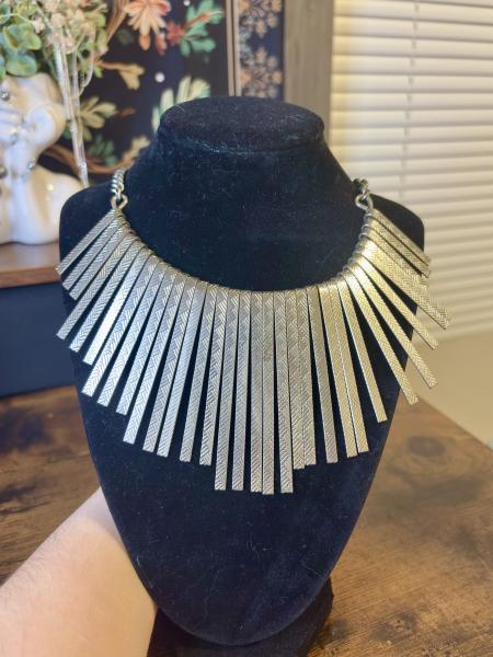 Chunky Silver Tone Metal Fan Necklace