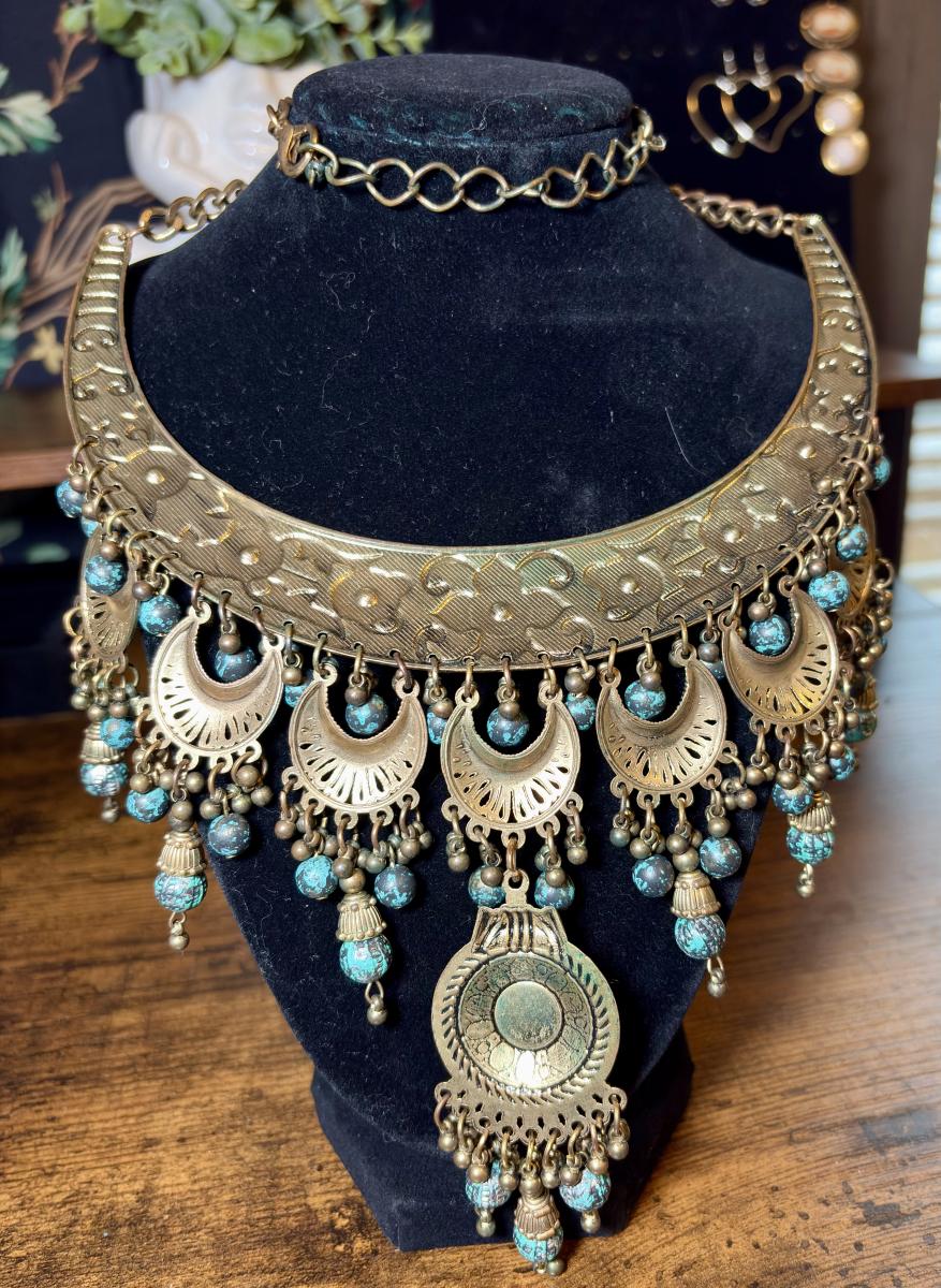 Antique Brass & Turquoise Statement Necklace picture