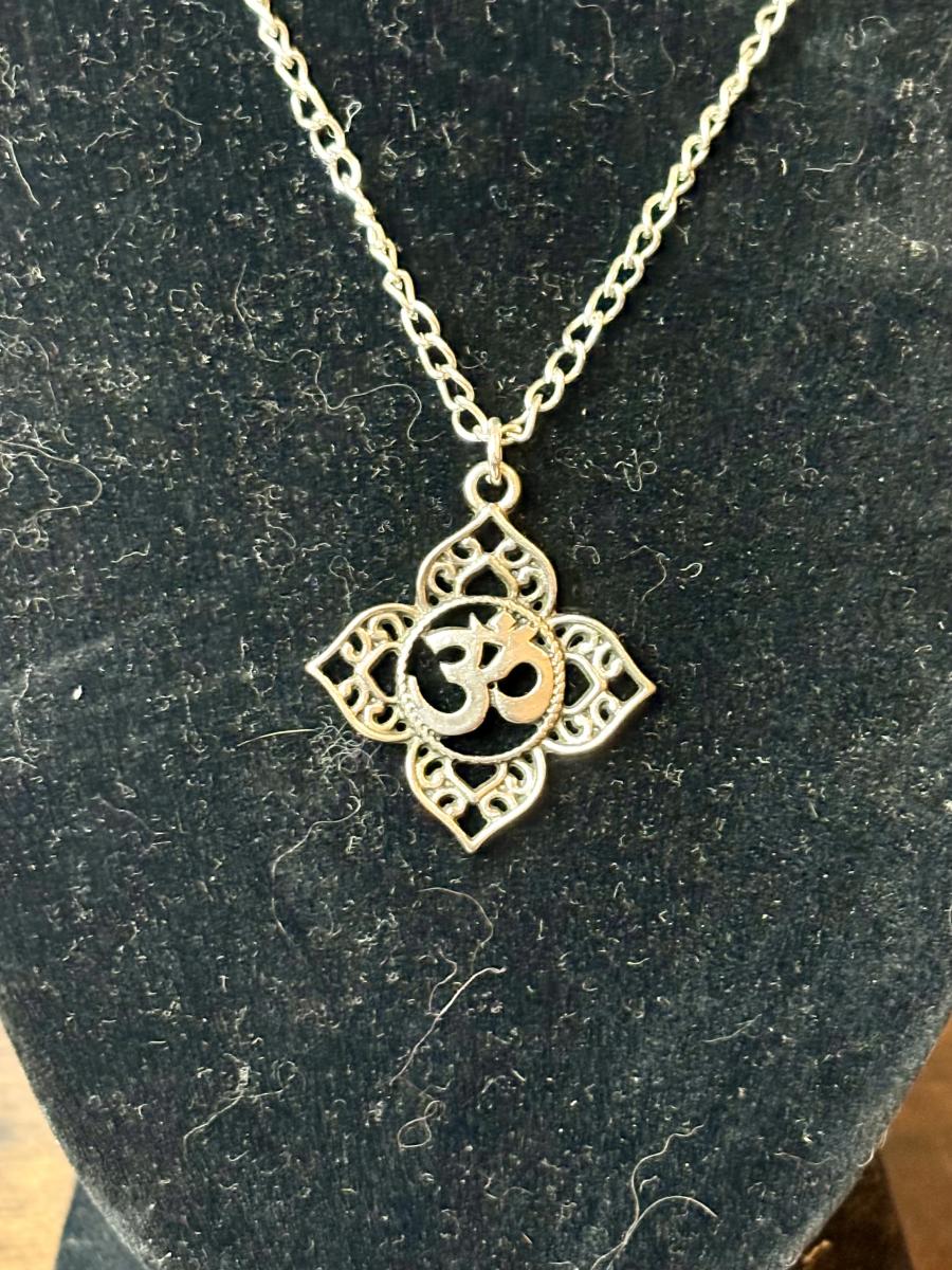 Lotus Shaped &ldquo;OM&rdquo; Silver Tone Necklace picture