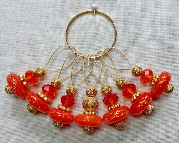 Orange with Gold Flecks Donut Lampwork on Gold Stitch Markers