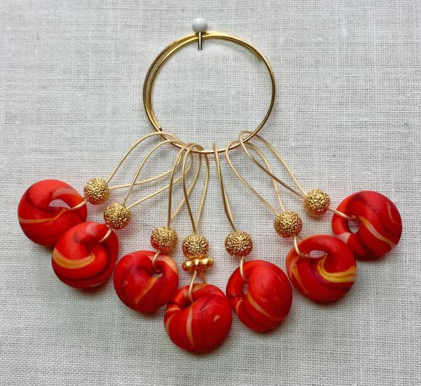 Red Stripped Teardrop Lampwork on Gold Stitch Markers