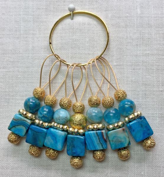 Teal Crazy Lace Stone Cube on Gold Stitch Markers