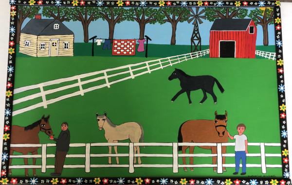 Horse Farm with black flowered frame picture