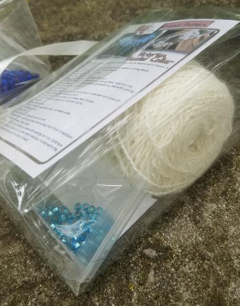 Victorian Lace Beaded Collar Knitting Kit/White angora with Teal colored beads picture