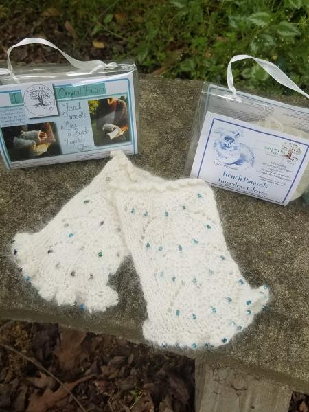 Beaded French Parasols Fingerless Gloves Kit: White Angora handspun with Emerald beads picture