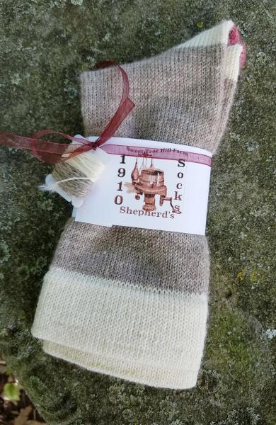 1910 Shepherd Work Socks-Natural Latte, Natural White Cuffs/Heels, with Hand Dyed Rose Hips accent--Men's size 8-10 picture