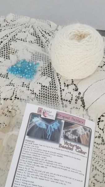 Victorian Lace Beaded Collar Knitting Kit/White angora with Teal colored beads picture