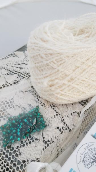 Beaded French Parasols Fingerless Gloves Kit: White Angora handspun with Emerald beads picture