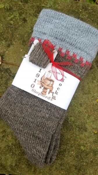 1910 Fair Isle Cuffed Shepherd Socks-Natural Silver Gray, Mystic Sea Blue, Red Accent–Men’s size 10-12 picture