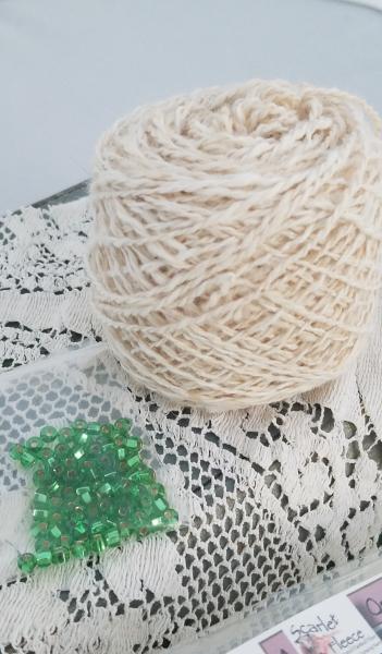 Victorian Lace Beaded Collar Knitting Kit/Fawn angora with Kelly Green colored beads picture
