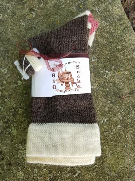 1910 Shepherd Work Socks-Natural Shaela, Natural White Cuffs/Heels, with Hand Dyed Rose Hips accent--Men's size 10-12 picture
