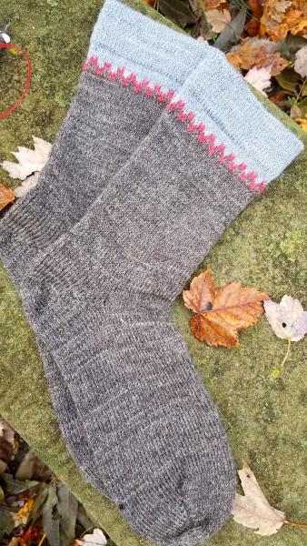 1910 Fair Isle Cuffed Shepherd Socks-Natural Silver Gray, Mystic Sea Blue, Red Accent–Men’s size 10-12