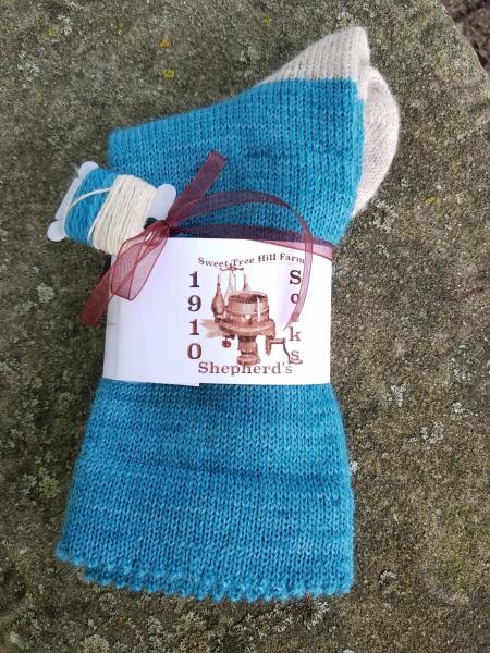 1910 Shepherd Work Socks-Hand Dyed Cancun Teal, Natural Fawn Heels/Toes, --Women's size 9-11 picture