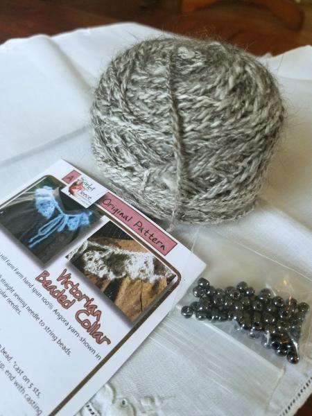 Victorian Lace Beaded Collar Knitting Kit/Black angora with Deep Pewter colored beads picture